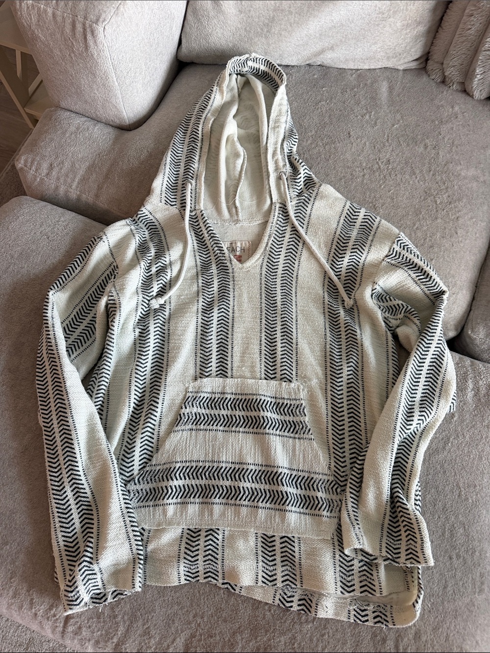 Beach By Exist Cream & Black Striped V-Neck Hooded Sweater
